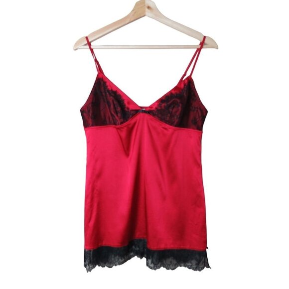 VICTORIA'S SECRET Women's Red Satin Black Lace Camisole Short Nighty Size L - Picture 1 of 10